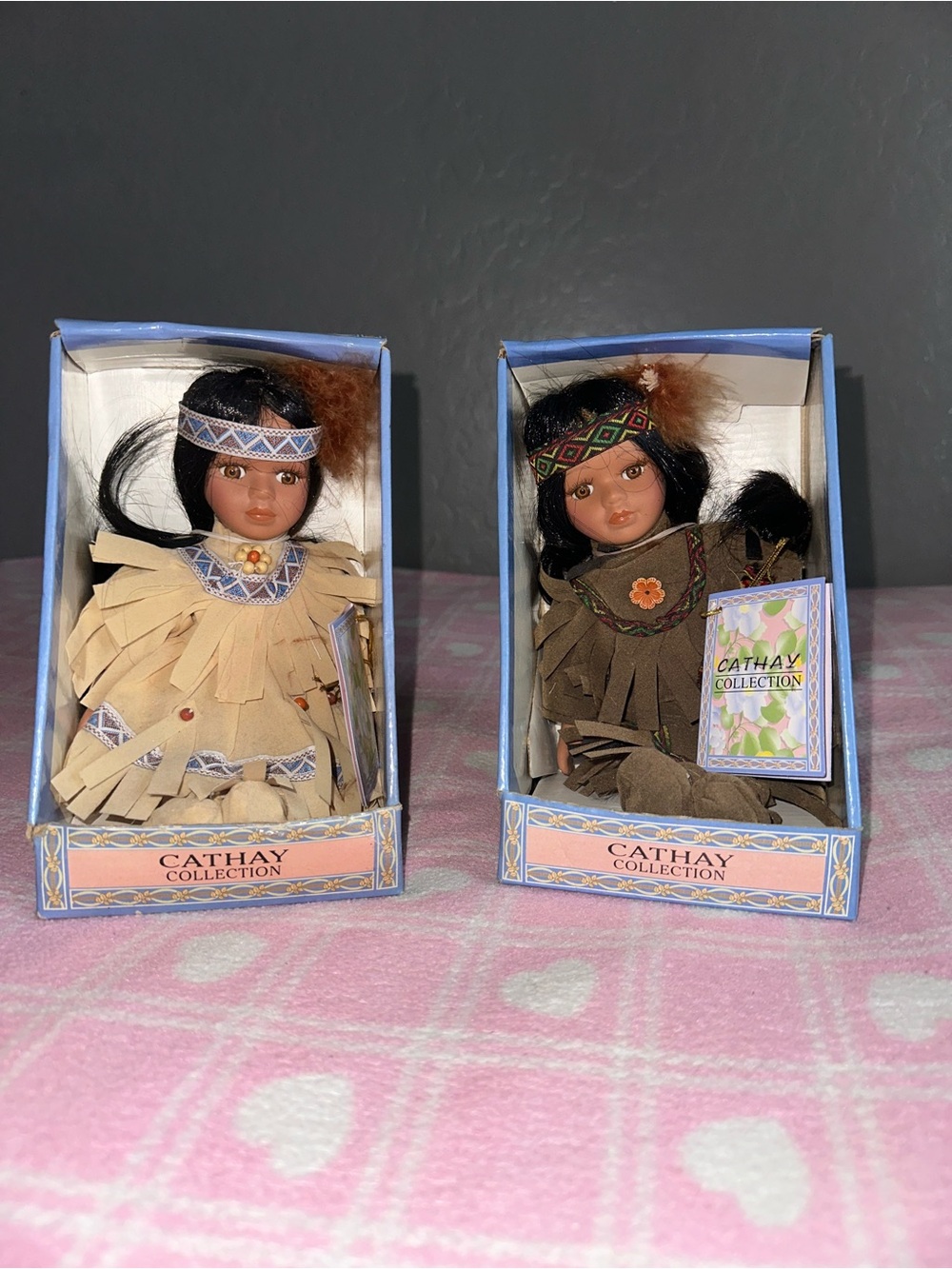 Porcelain Native American Doll Set - Brown and Tan Native-Inspired Outfits